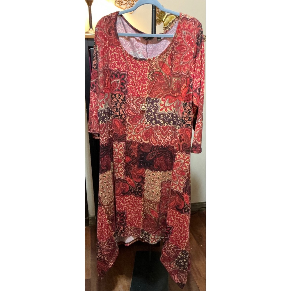 Mlle Gabrielle Womens 3X Red Paisley Patchwork Sharkbite Midi Dress & Necklace